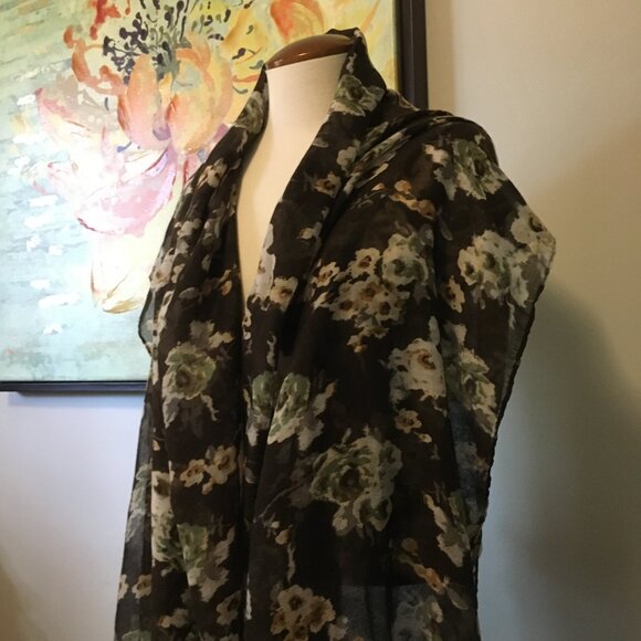 Large Voluminous Semi Sheer Tasseled Floral Scarf In Brown, Cream and Sage - Picture 4 of 14
